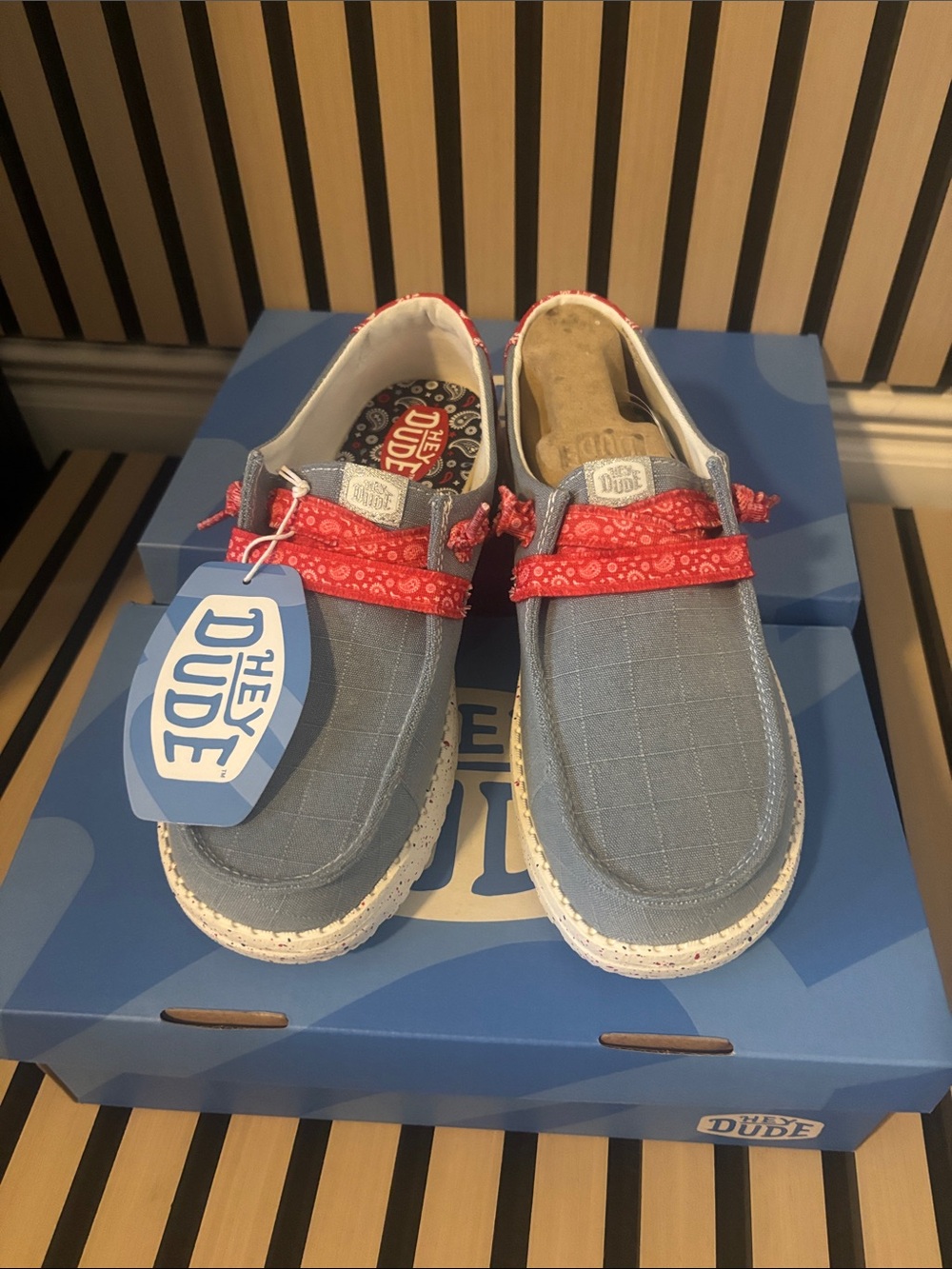 Hey Dude Light Blue Slip-On Sneakers with Red Bandana Accents - Picture 3 of 7